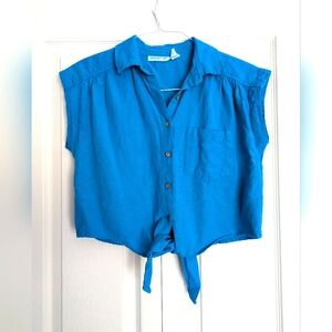 Electric Blue Tie-Front Linen Button-Down XS